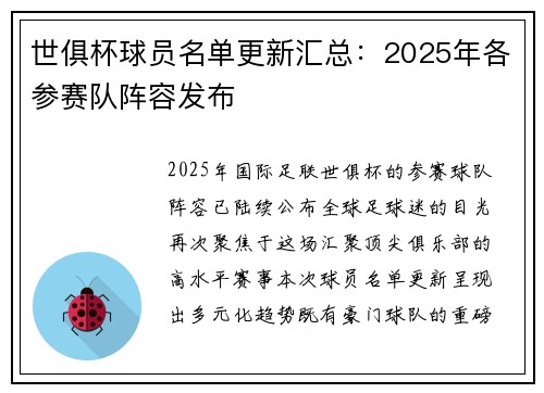 世俱杯球员名单更新汇总：2025年各参赛队阵容发布