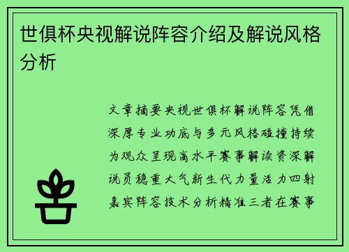 世俱杯央视解说阵容介绍及解说风格分析